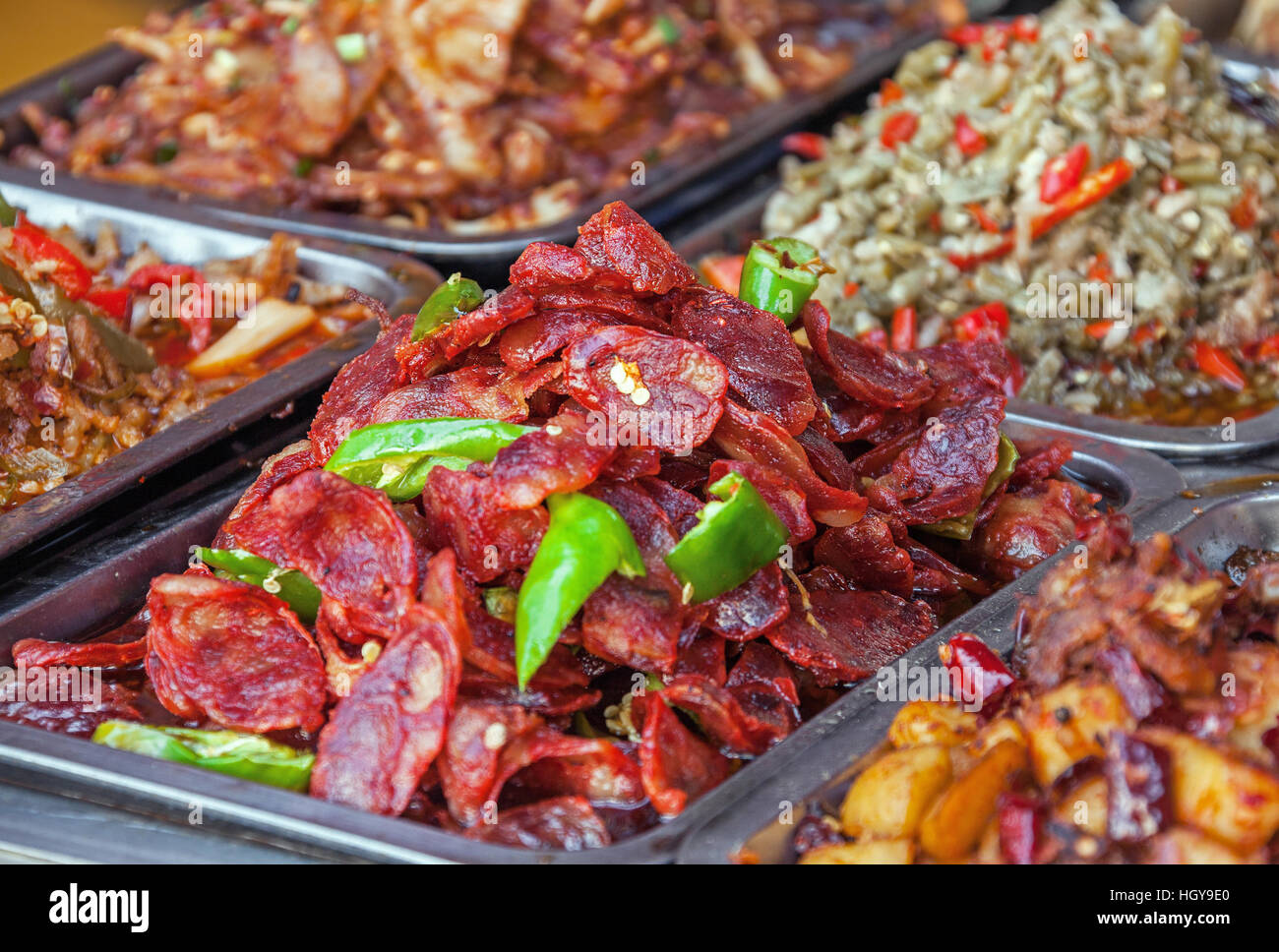 Pork with green paprika, Chinese street food Stock Photo