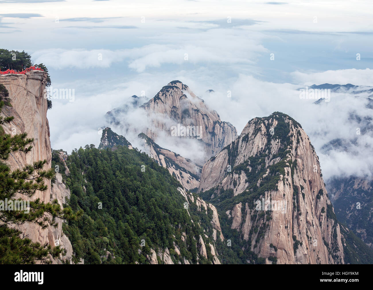 Picturesque view from the highest point of Huashan mountains, China at sunset. Stock Photo