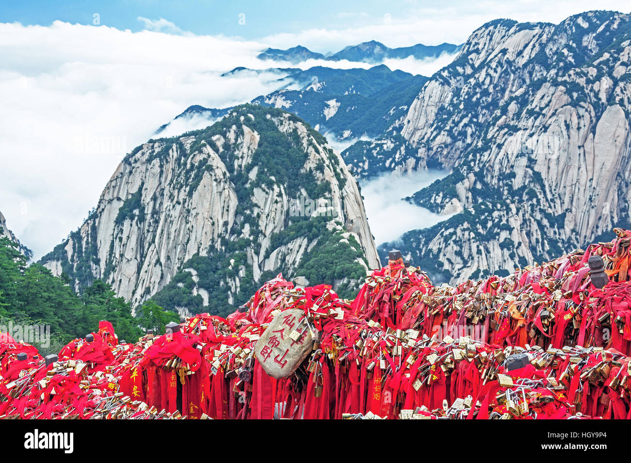 Majestic Huashan mountains with memorable red ribbons and traditional