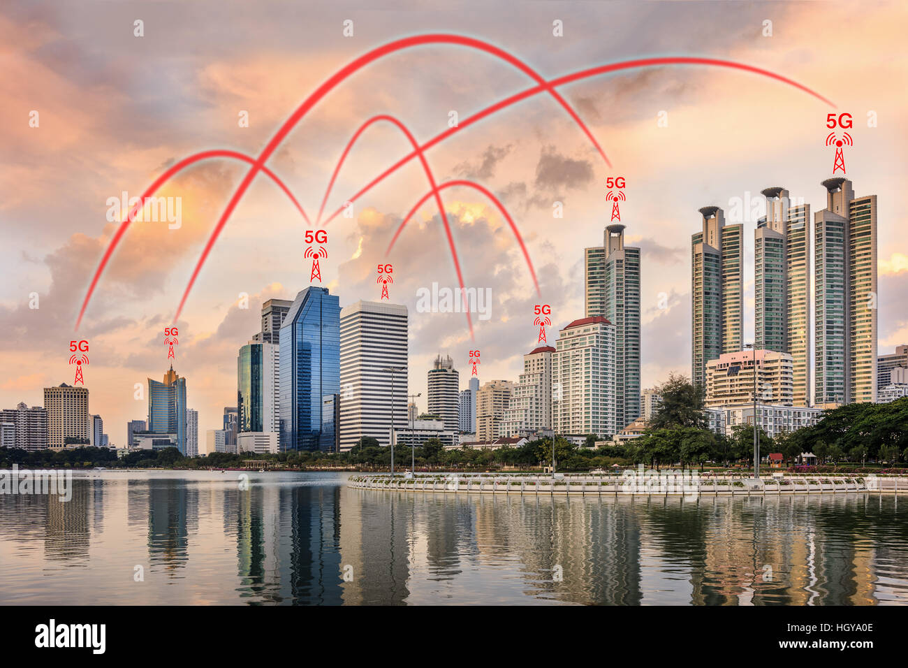 Concept of 5G network connection illustrated by smart city and buildings. Stock Photo