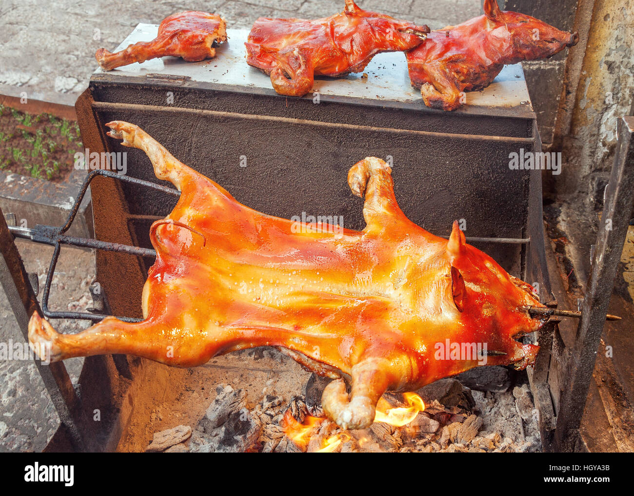 Roasted pig on a spit, the Chinese traditional barbecue concept. Stock Photo