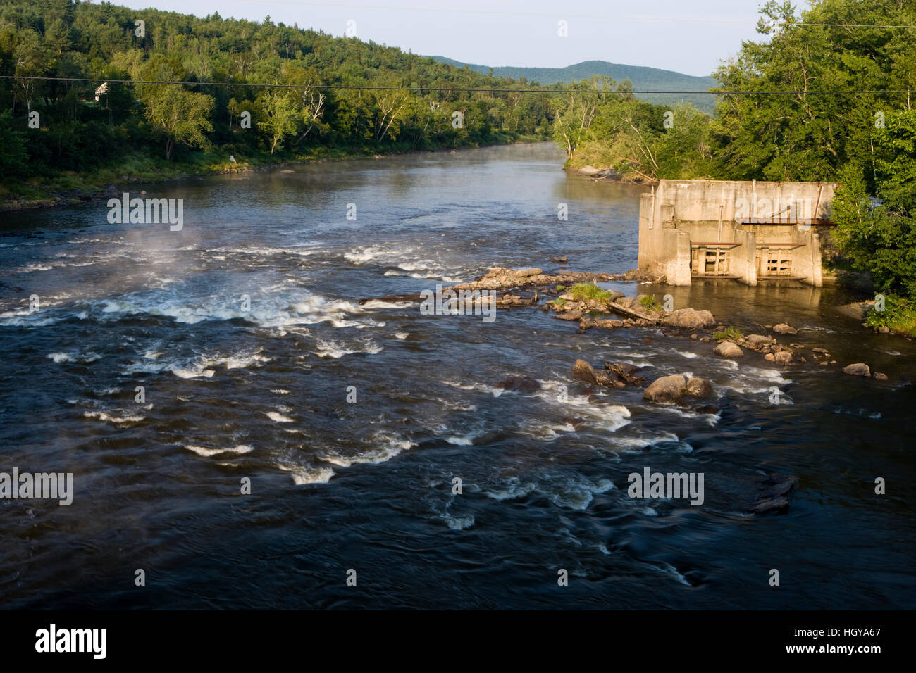 The site of the breached Wyoming Dam on the Connecticut River in Guildhall, Vermont. Stock Photo