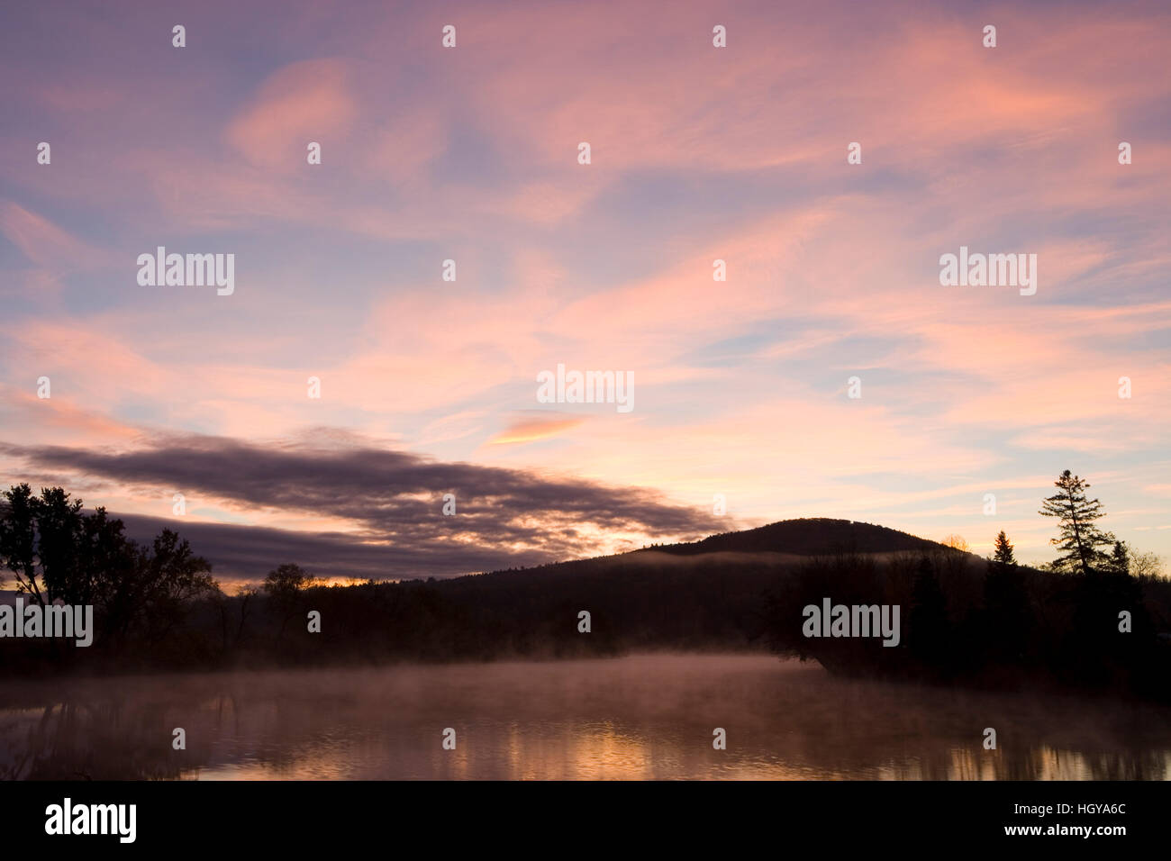 Dawn over the Connecticut River in Lunenburg, Vermont. Stock Photo