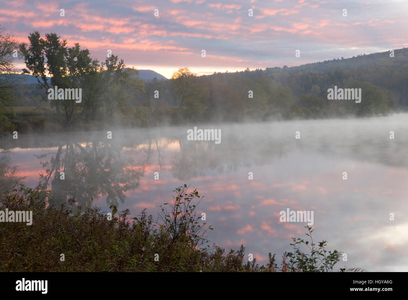 Dawn over the Connecticut River in Lunenburg, Vermont. Stock Photo