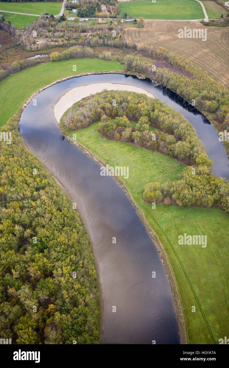 An aerial view of the Maidstone Bend section of the Connecticut River in Maidstone, Vermont. Stock Photo