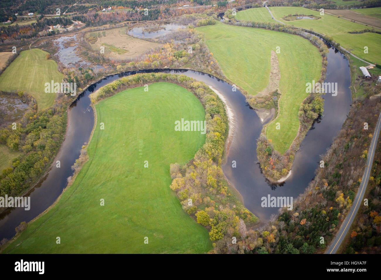 An aerial view of the Maidstone Bend section of the Connecticut River in Maidstone, Vermont. Stock Photo