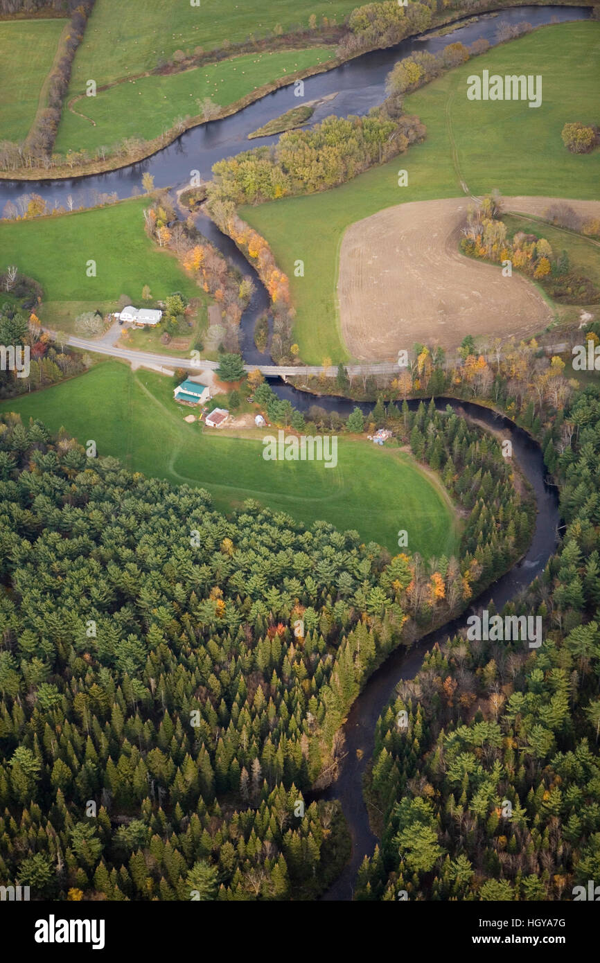 An aerial view of Paul Stream where it empties into the Connecticut River in Brunswick, Vermont. Stock Photo
