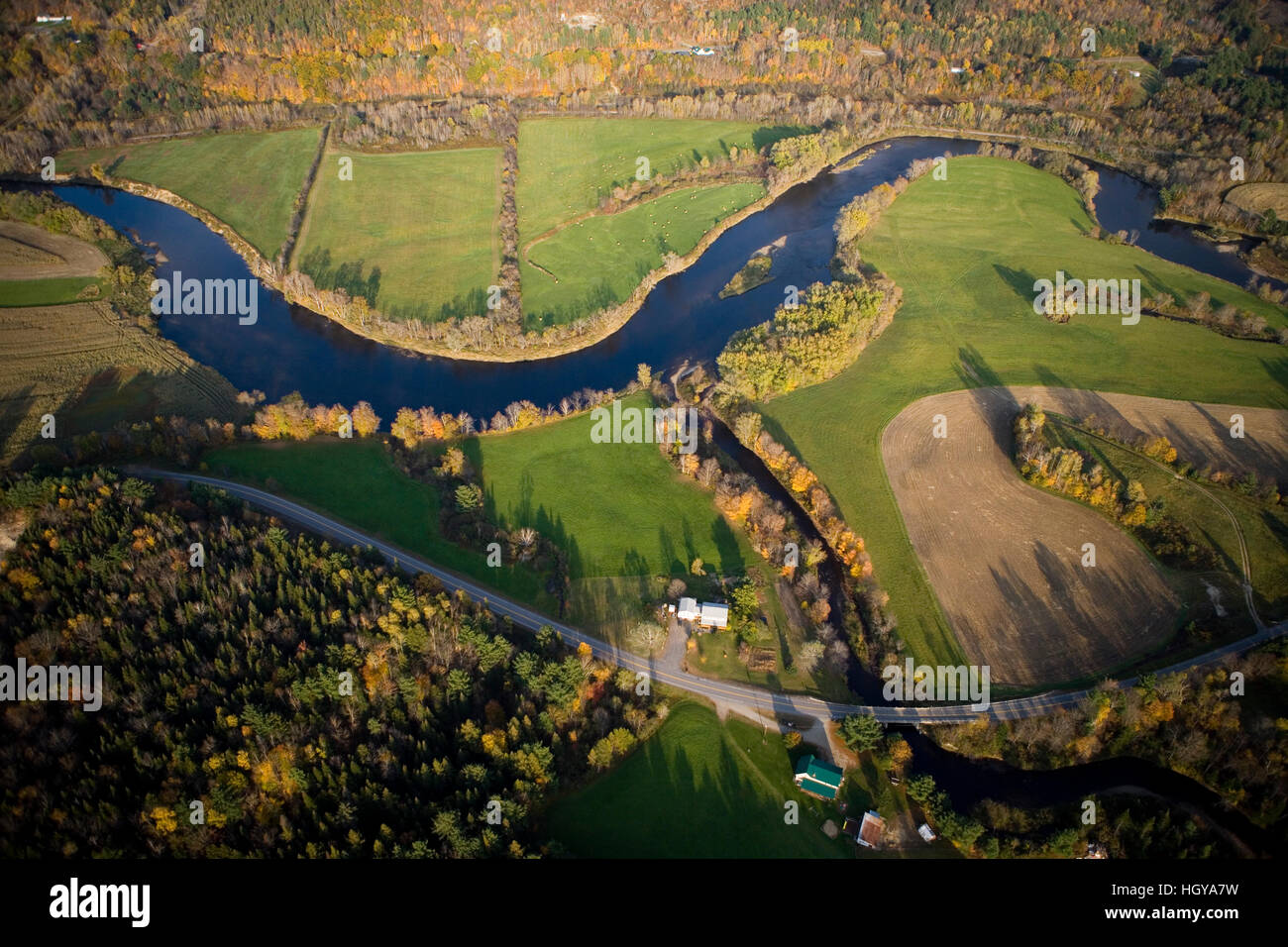 An aerial view of farms and the Connecticut River in Maidstone, Vermont and Stratford, New Hampshire. Stock Photo