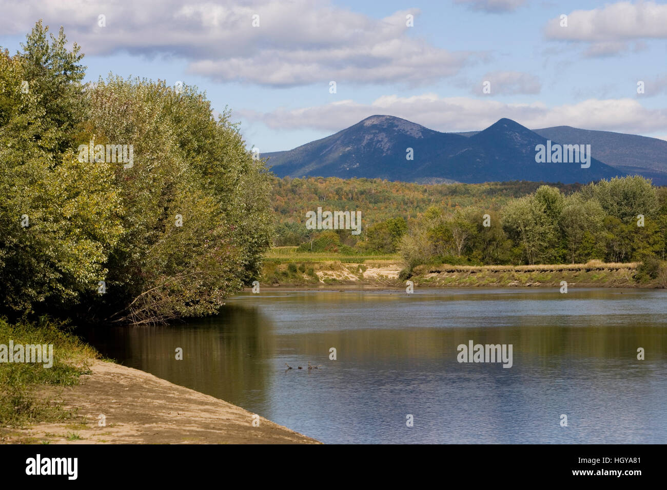 The Percy Peaks as seen from the Connecticut River in Maidstone, Vermont. Stock Photo