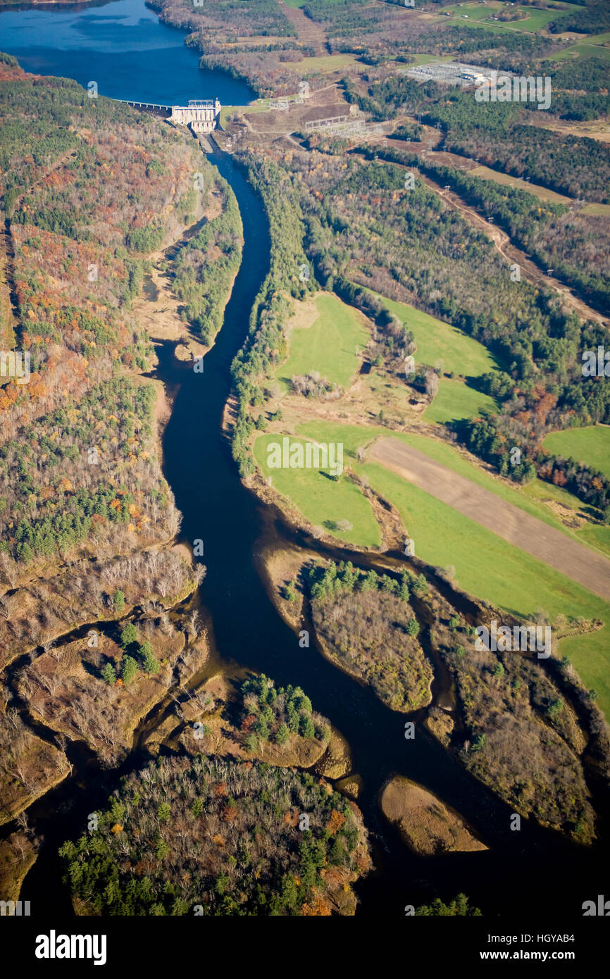Comerford Dam on the Connecticut River in Monroe, New Hampshire and Barnet, Vermont.  Aerial. Stock Photo