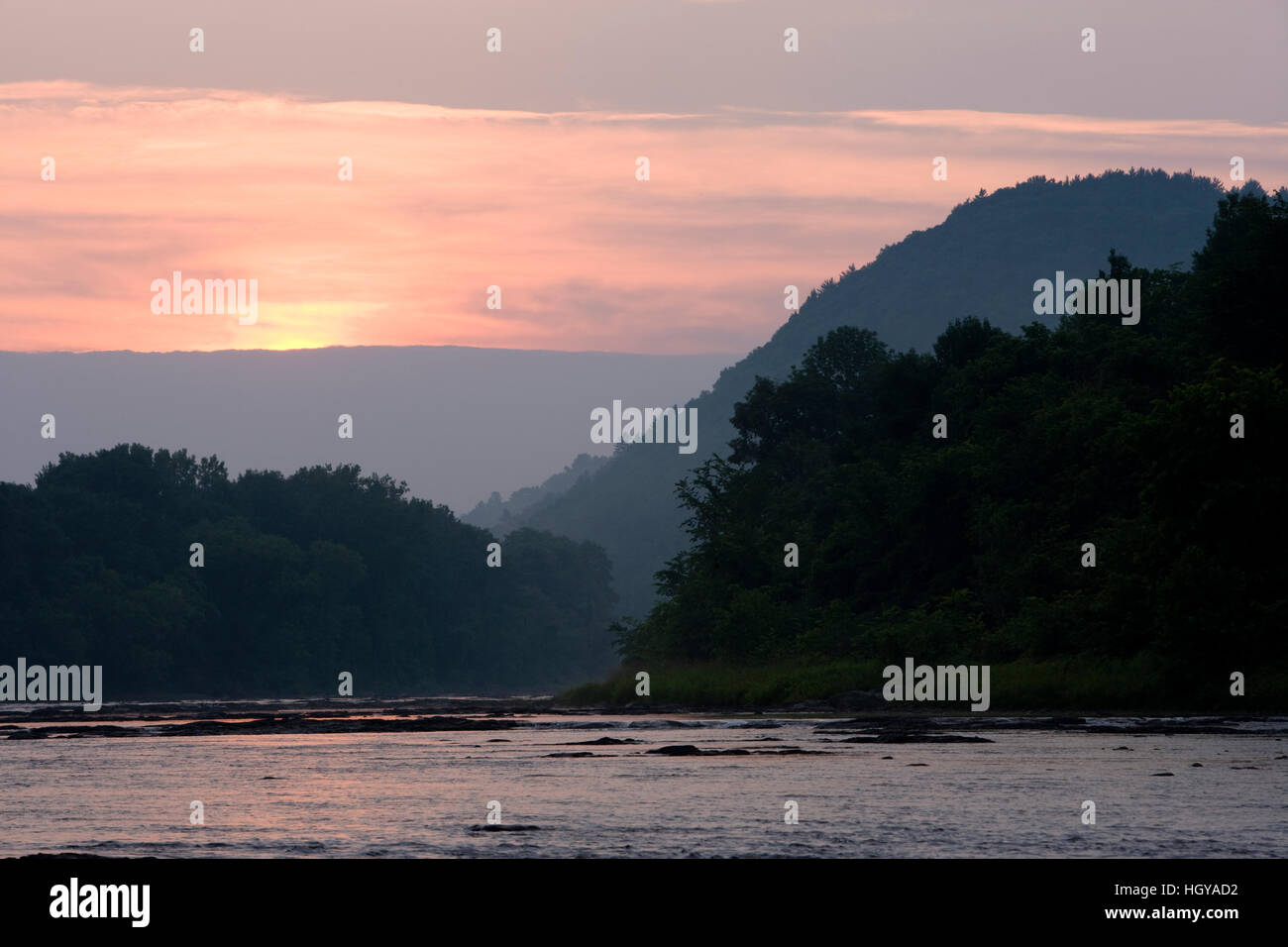 The White River at sunset in Hartford, Vermont.  Connecticut River tributary. Stock Photo