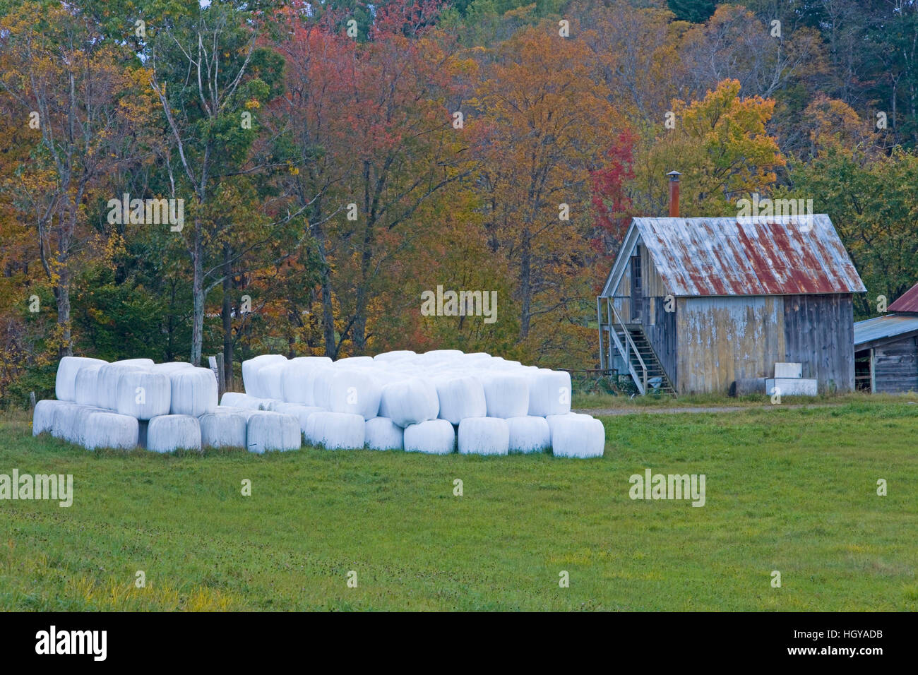 Hay bales and farm building in West Fairlee, Vermont. Stock Photo