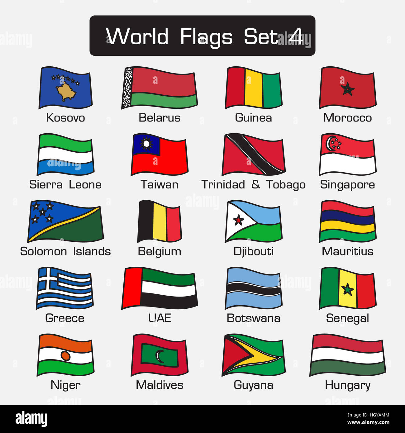 World Flags Set 4 Simple Style And Flat Design Thick Outline Stock