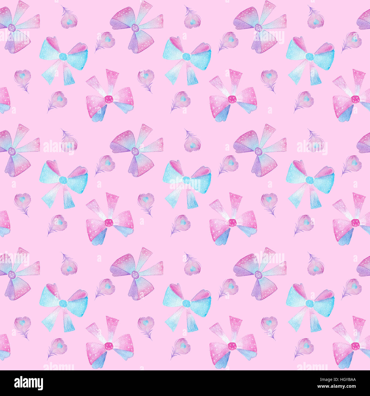 Hand drawn watercolor seamless pattern with heart shaped feathers and bows on pink background