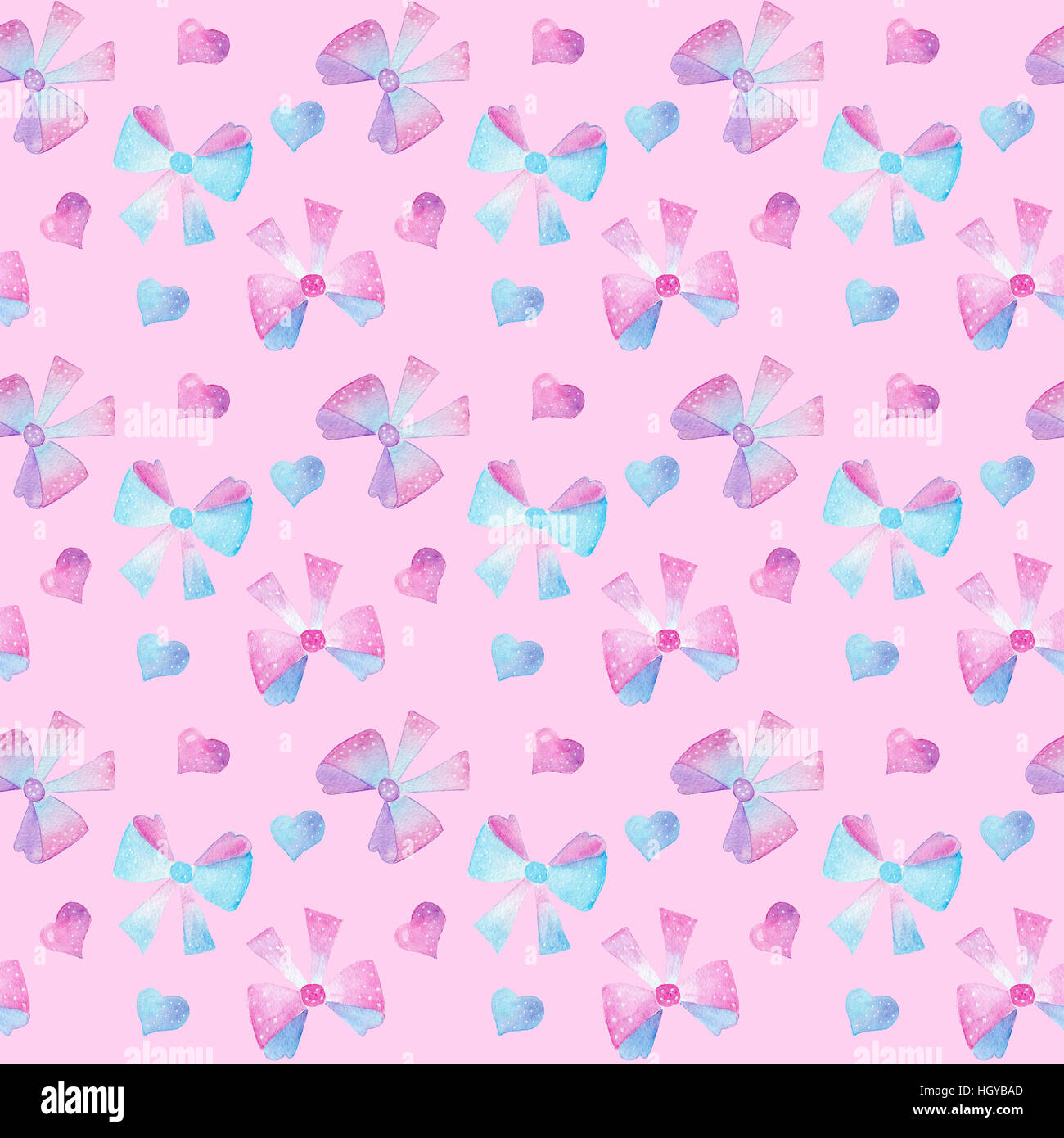 Watercolor seamless hand drawn pattern with red hearts and bows on pink ...