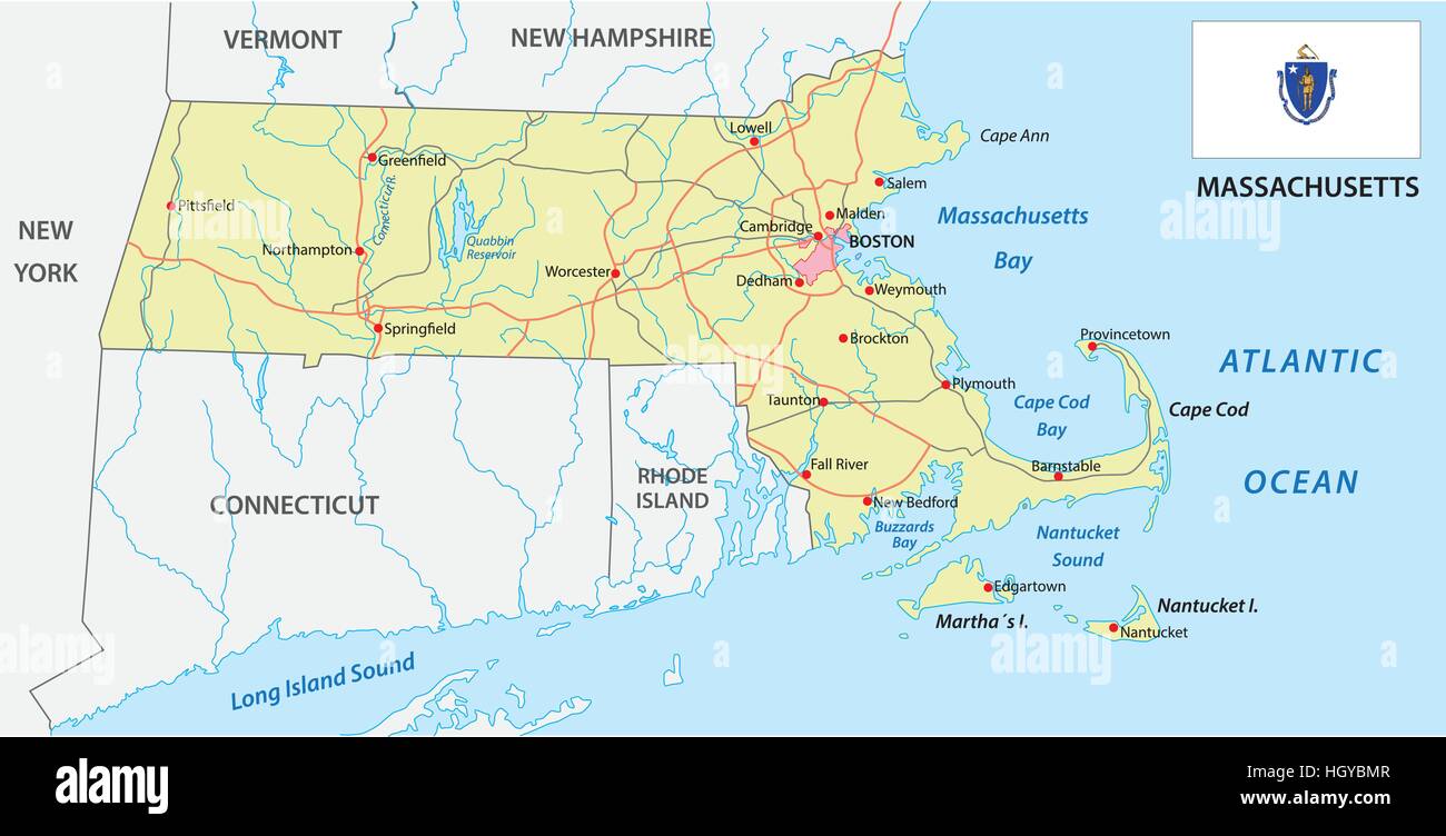 massachusetts road map with flag Stock Vector