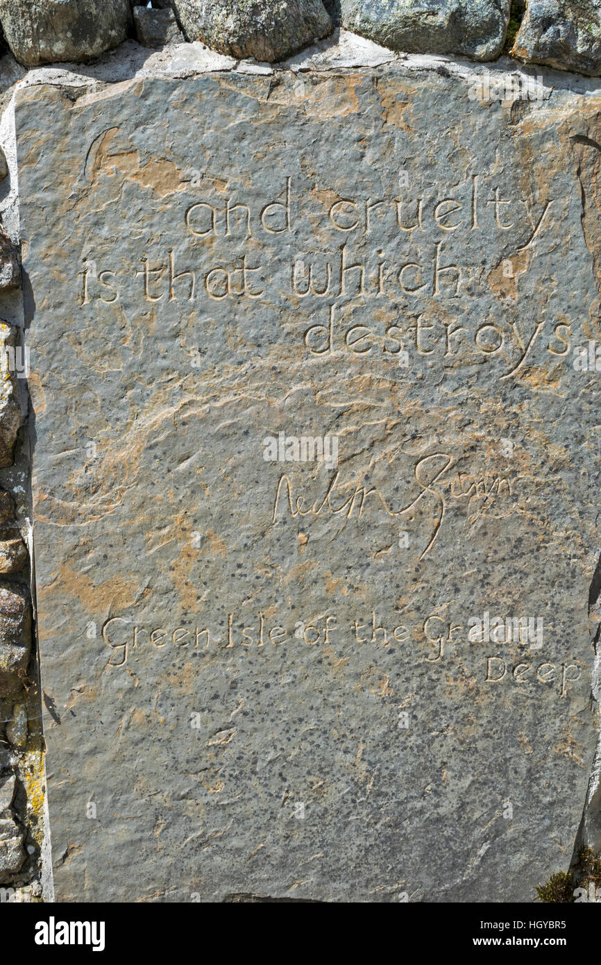 NEIL GUNN MEMORIAL STRATHPEFFER A CARVED FLAGSTONE AND CRUELTY IS THAT WHICH DESTROYS Stock Photo