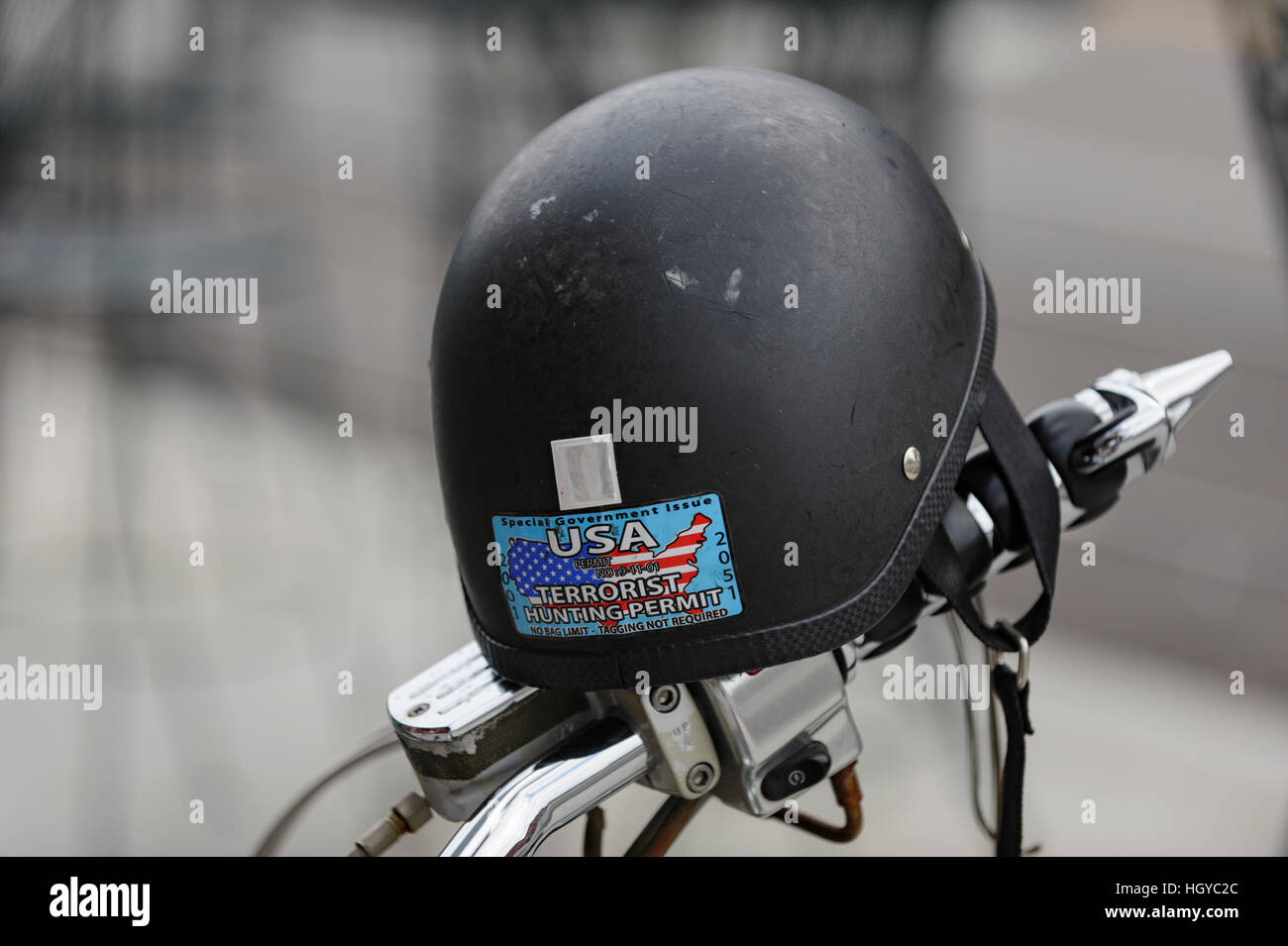 Motorcycle helmet with anti-terrorism sticker, Memphis, Tennessee, USA Stock Photo