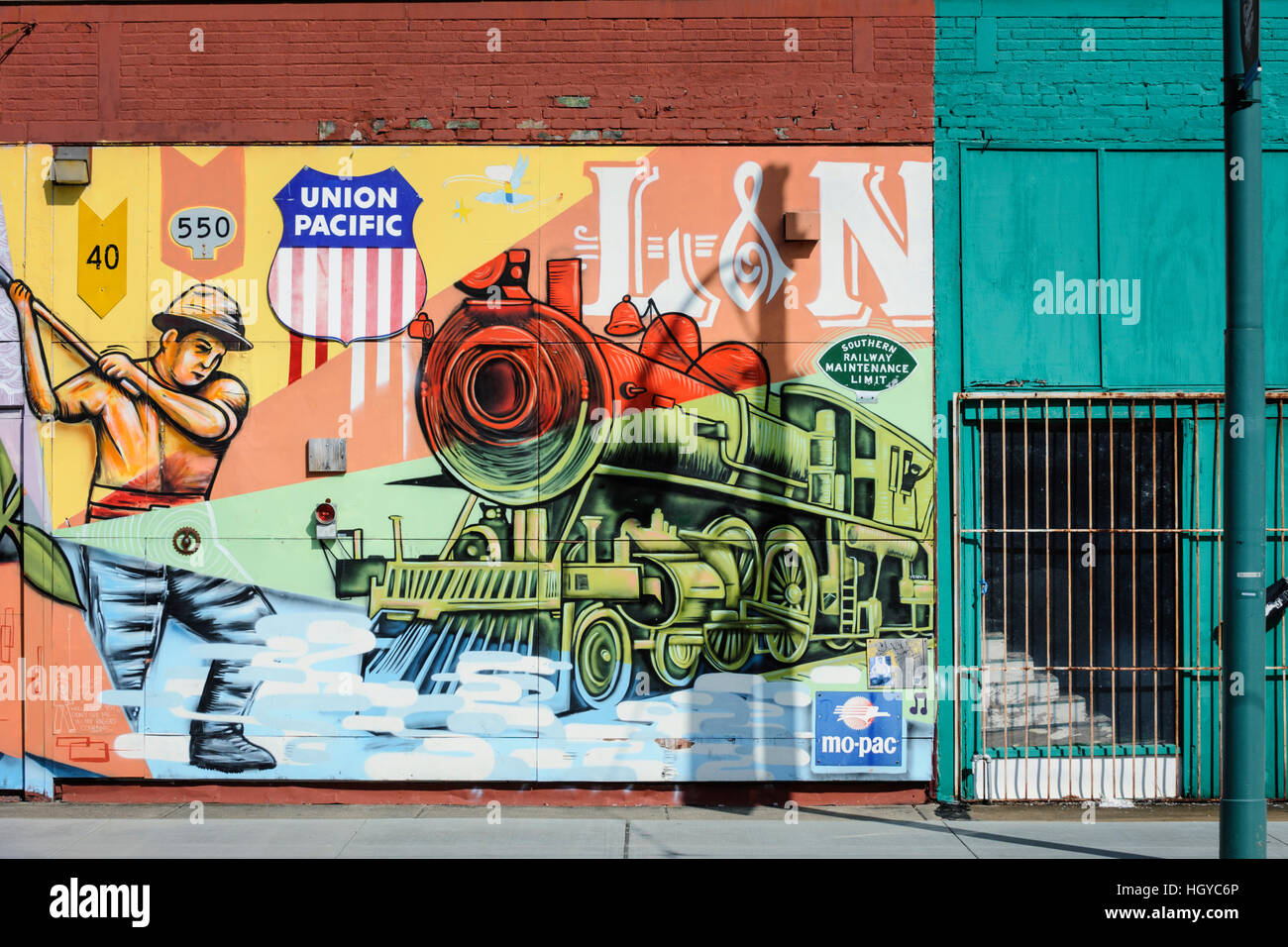 Mural painting celebrating the railroad history, Memphis, Tennessee, USA Stock Photo