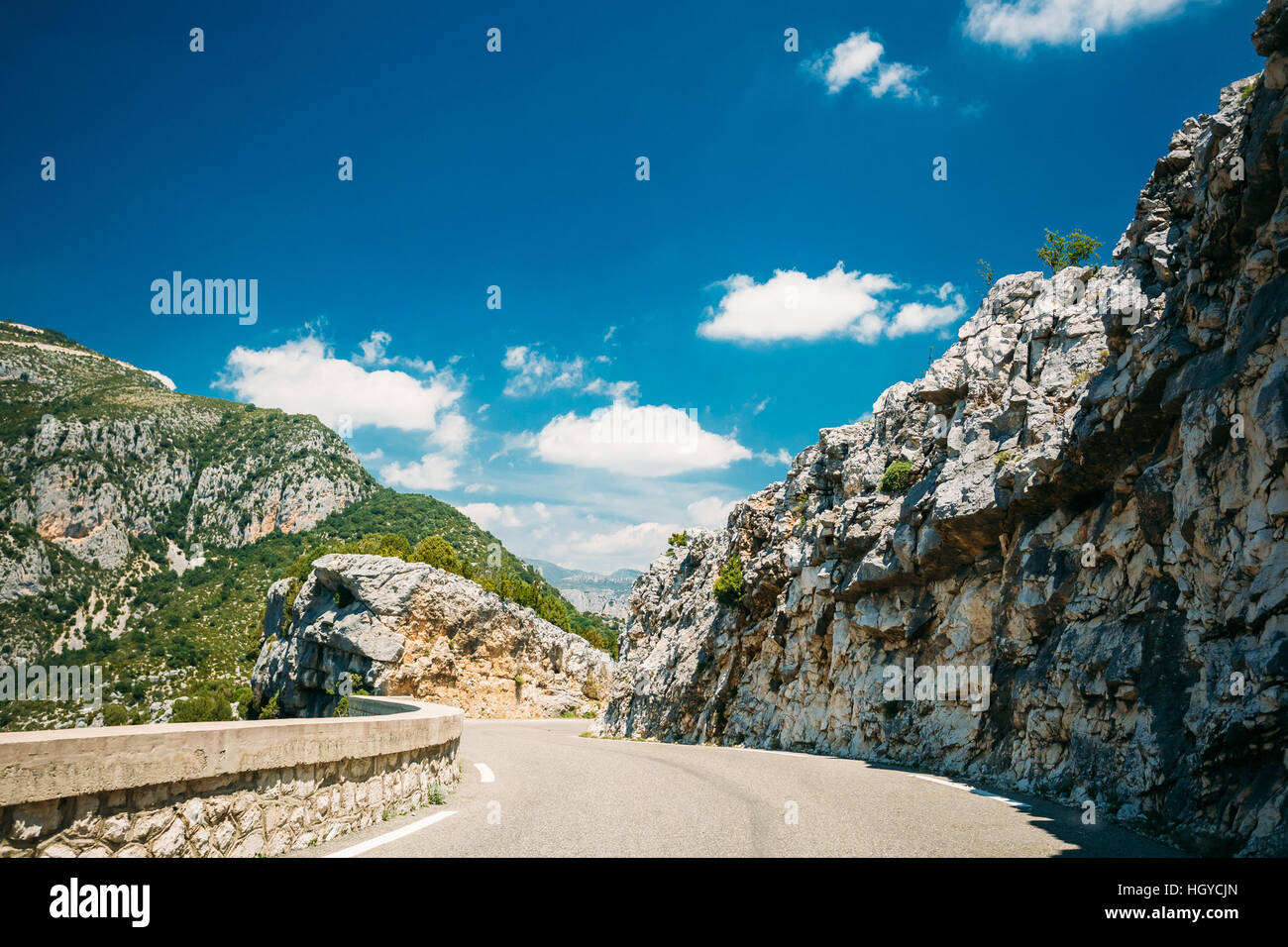 Beautiful Asphalt Mountain Road Under Sunny Blue Sky. Verdon Gorge In France. French Landscape Stock Photo