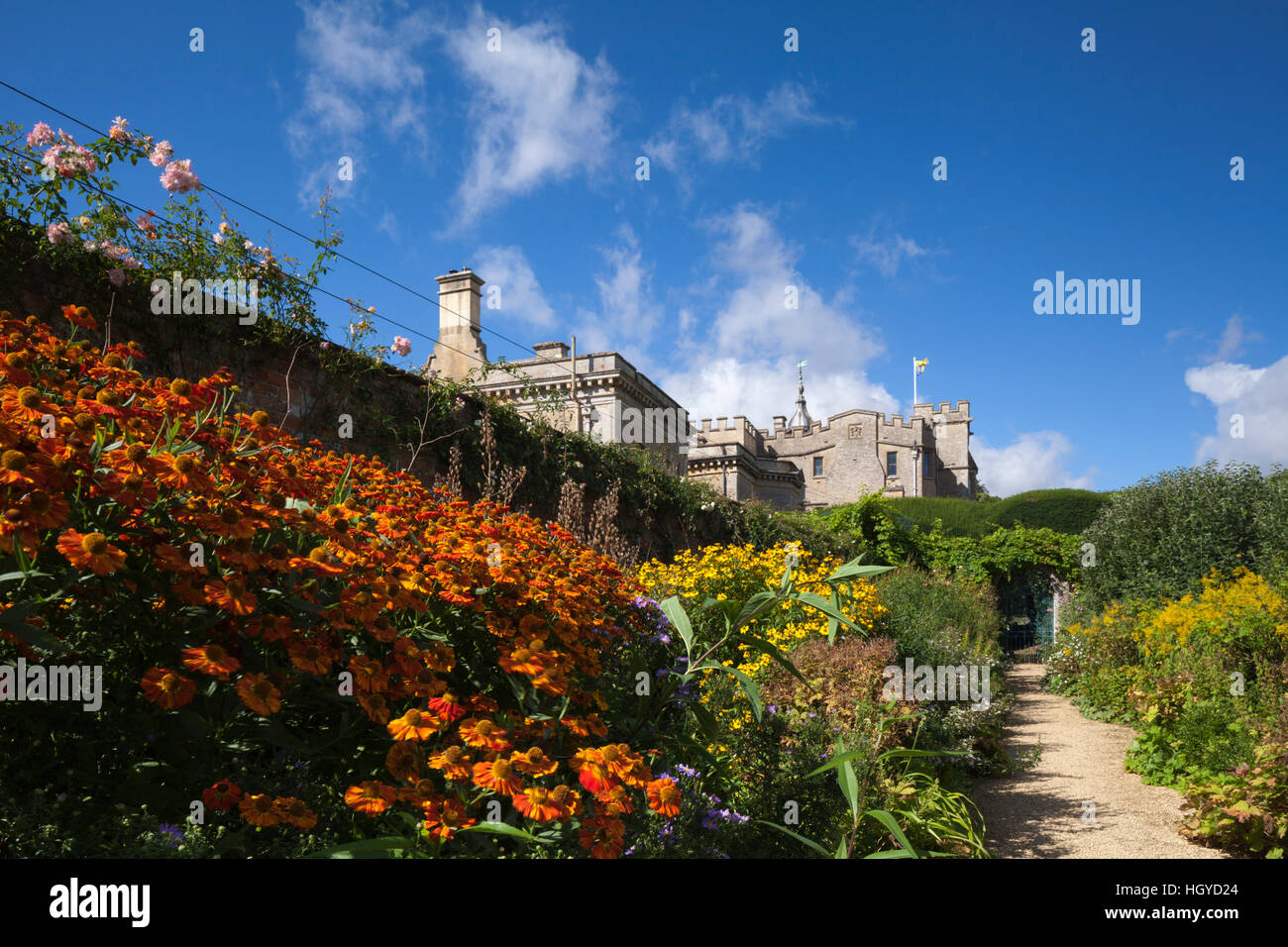 Colourful late summer borders within the walled garden of Rousham House in Oxfordshire, England Stock Photo