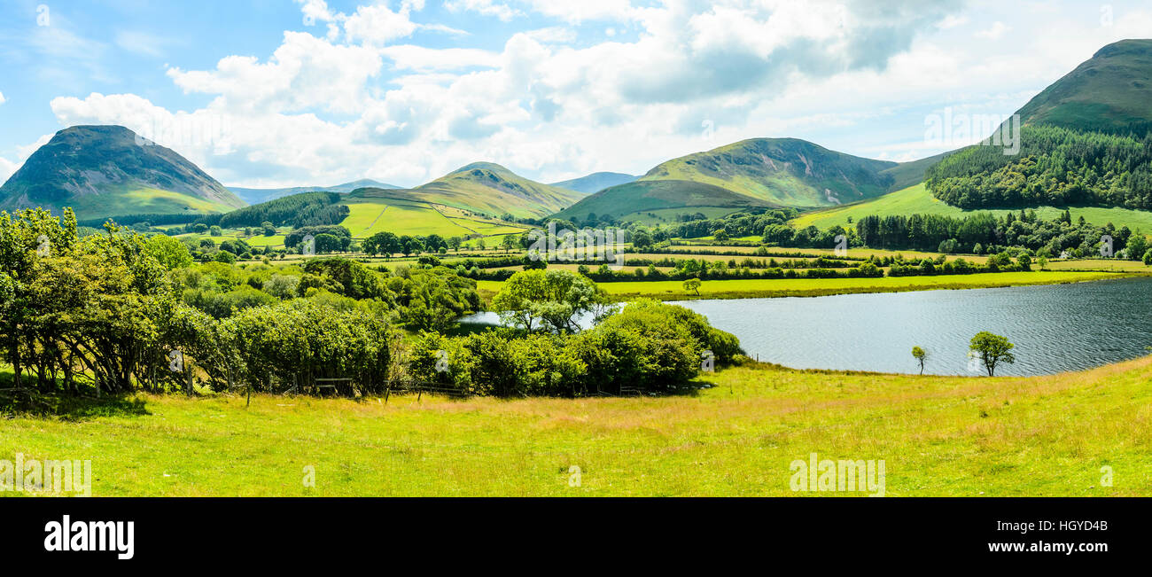 Stitched panorama of Loweswater in the Lake District with Mellbreak on left and Carling Knott on right Stock Photo