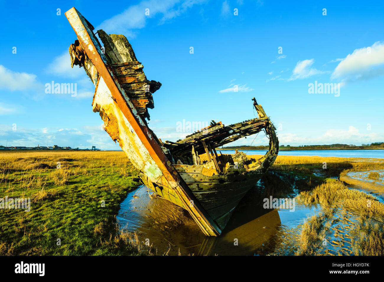 Bow of derelict boat beside the River Wyre near Fleetwood Lancashire Stock Photo