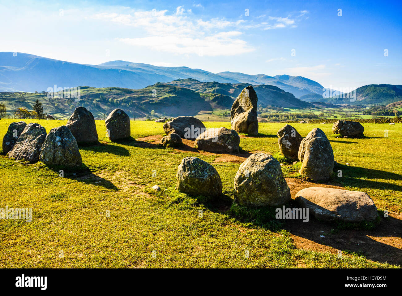 Castlerigg Stone Circle in the Lake District looking towards Helvellyn Stock Photo