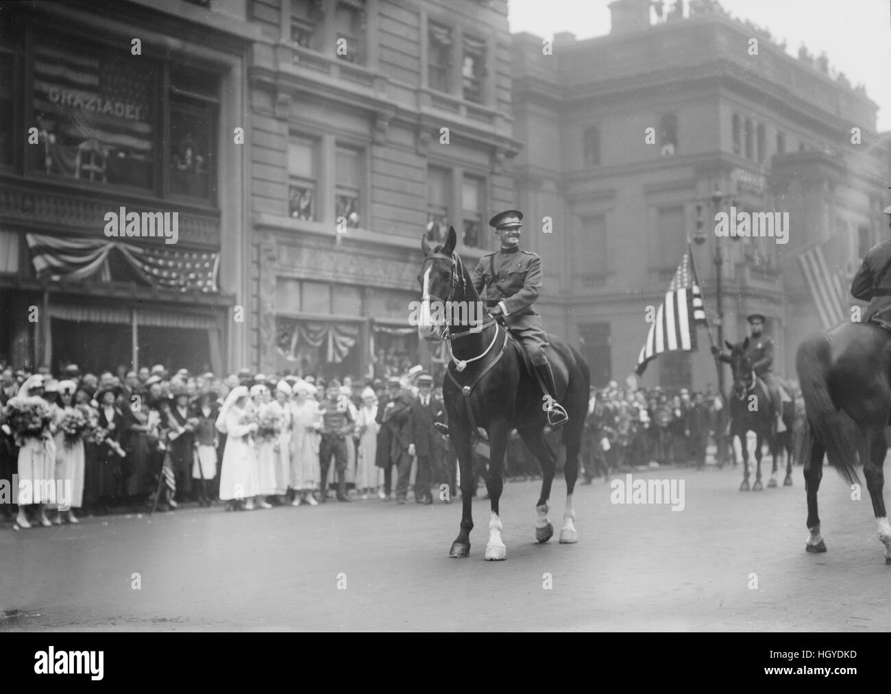 U.S. General John J. Pershing on Horseback Leading World War I Veterans during Parade, New York City, New York, USA, Bain News Service, September 10, 1919 Stock Photo