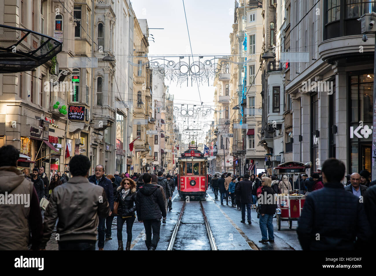 The iconic red tram on Istiklal in Istanbul, Turkey. Stock Photo