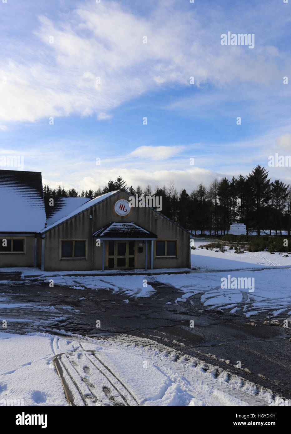 Exterior of Birkhill and Muirhead Millennium Hall in winter Angus