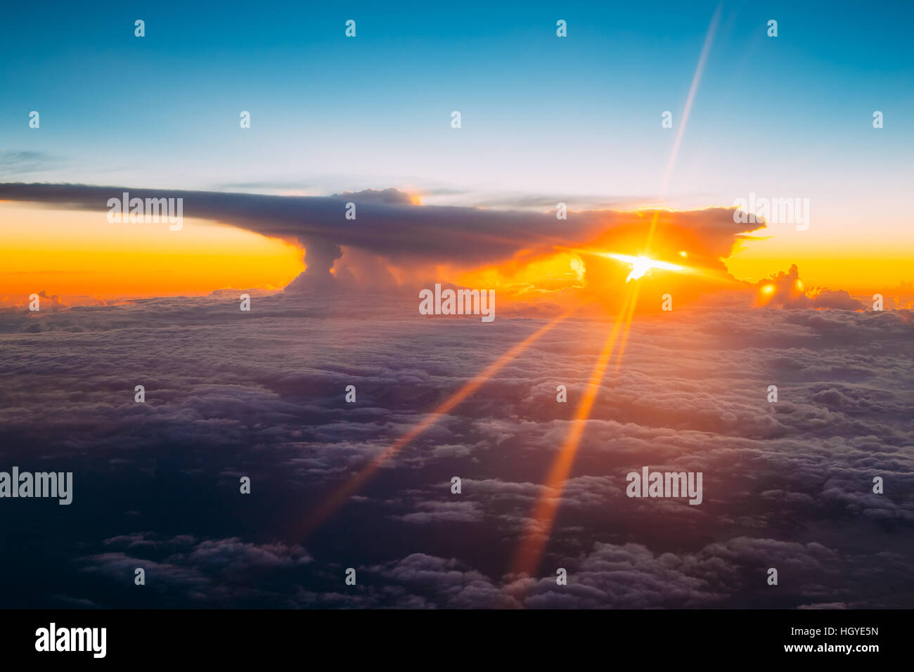 Sunset Sunrise Over Mountains From Height Of Airplane, Plane. Bright ...