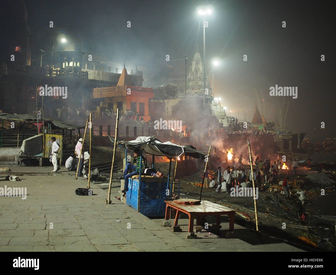 Fires on the banks of the Ganges Stock Photo