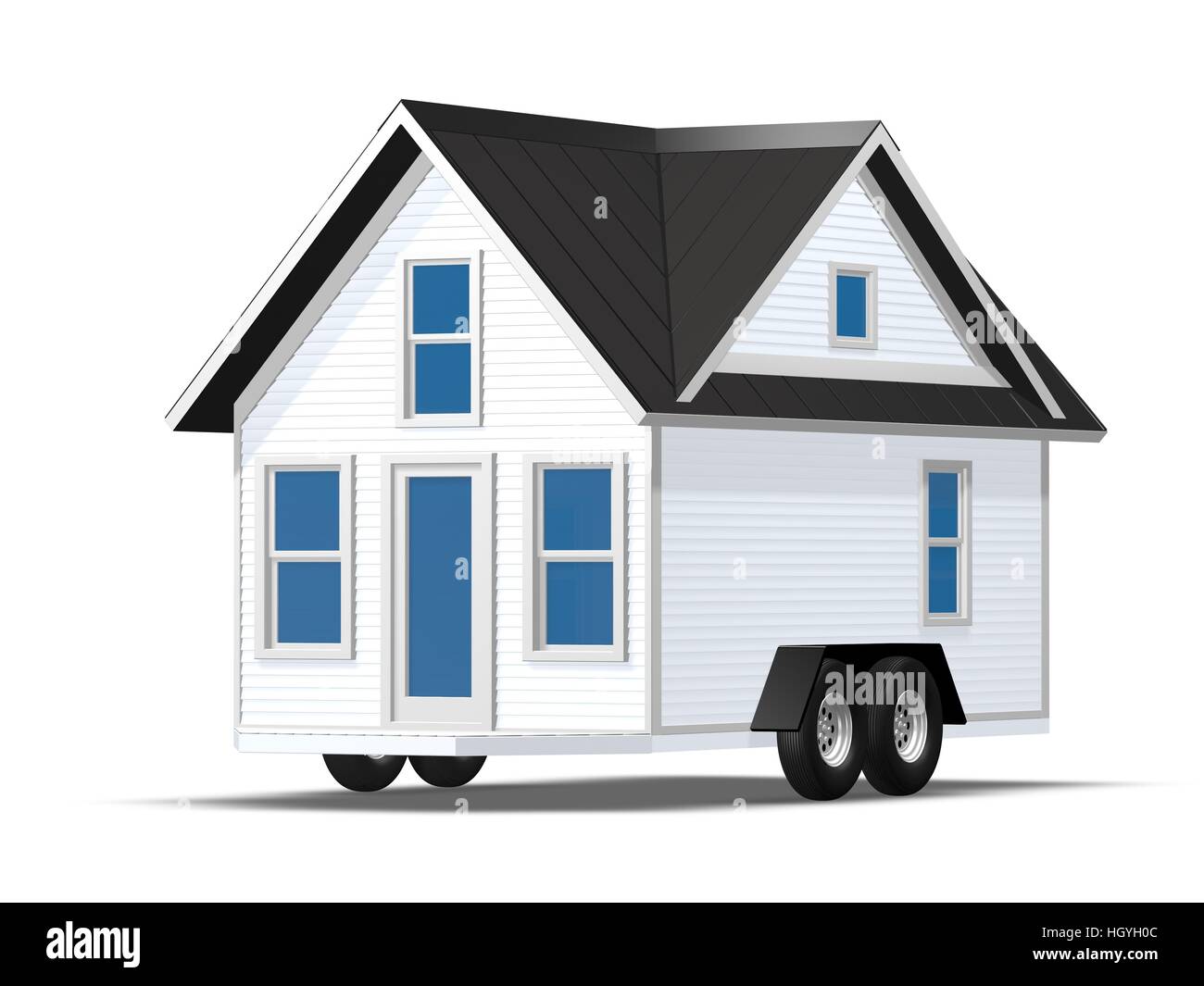3D Rendered Illustration of a tiny house on a trailer. House is