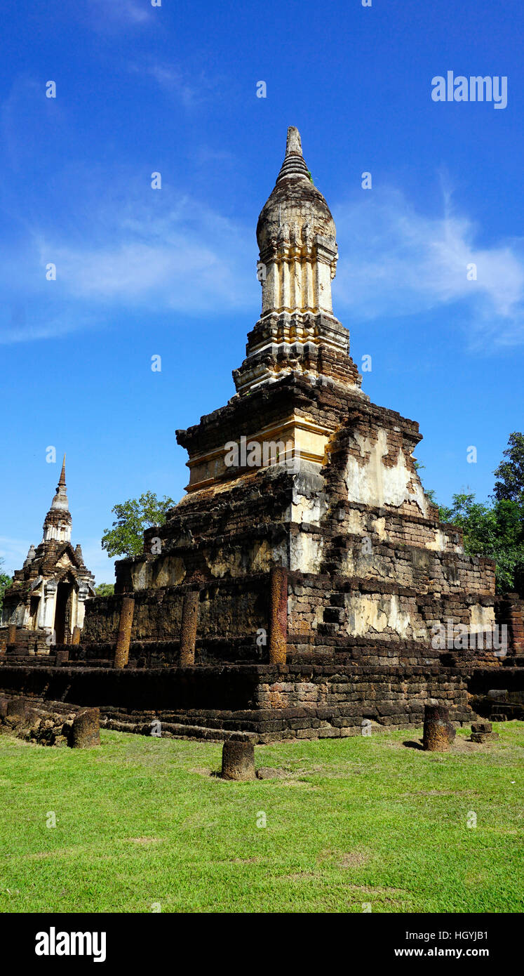 closeup Pagoda Wat chedi seven rows temple in Sukhothai Thailand Stock Photo