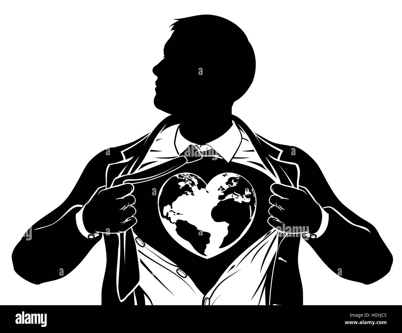 A superhero business man tearing his shirt showing the chest of his costume underneath with a heart shaped world earth globe Stock Photo