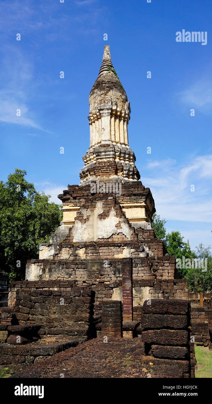closeup Historical Pagoda Wat chedi seven rows temple in Sukhothai Thailand Stock Photo