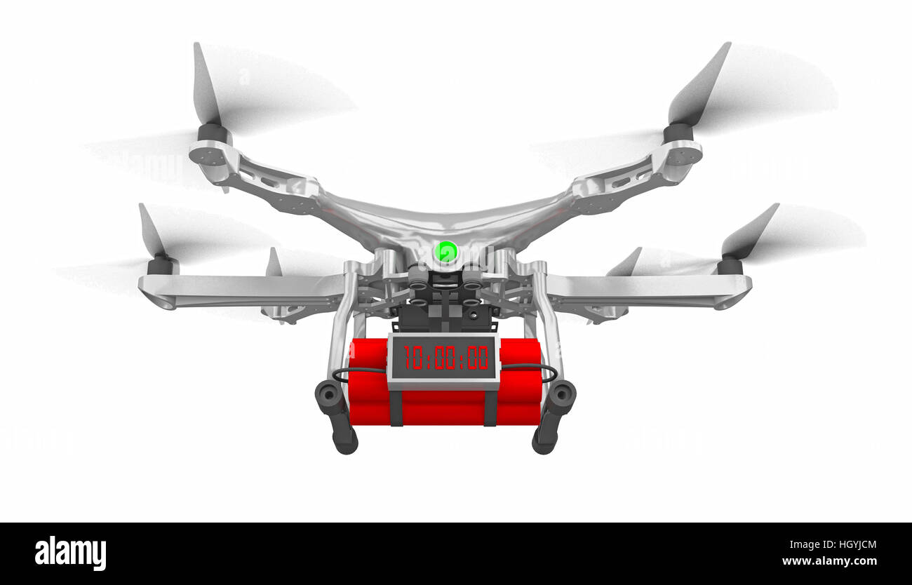 drone with time bomb isolated on white 3d rendering Stock Photo