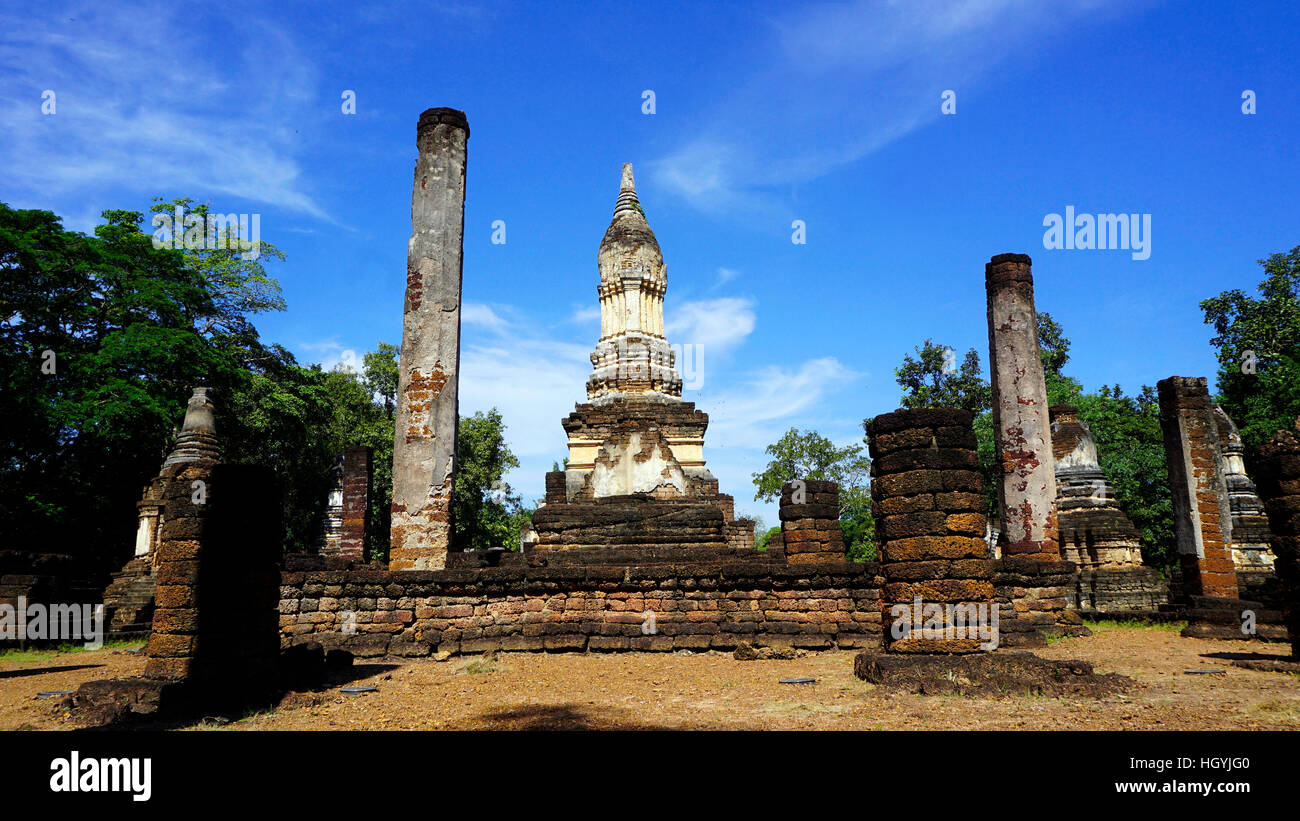 Historical Pagoda Wat chedi seven rows temple landscape in Sukhothai world heritage Stock Photo