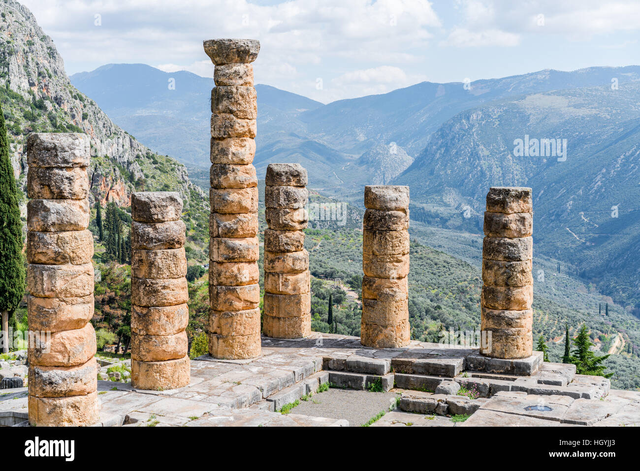 The remaining columns of the Temple of Apollo. Delphi ruins Stock Photo