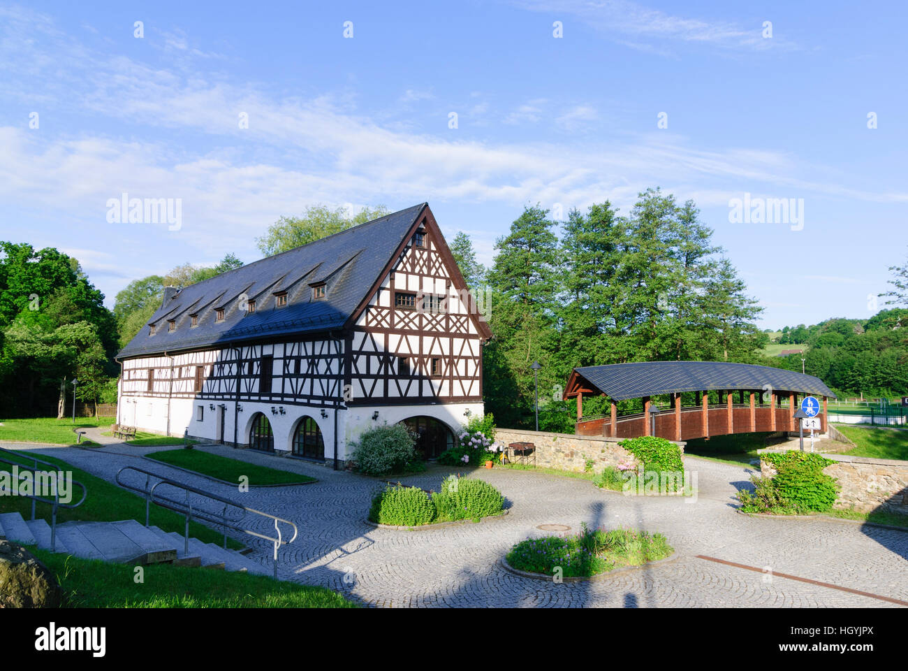 Weischlitz: estate 'Altes Gut' at river Elster, Vogtland, Sachsen, Saxony, Germany Stock Photo
