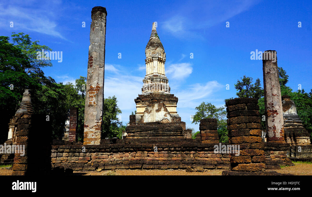 wat chedi seven rows temple pagoda ruins landscape in Sukhothai world heritage Stock Photo