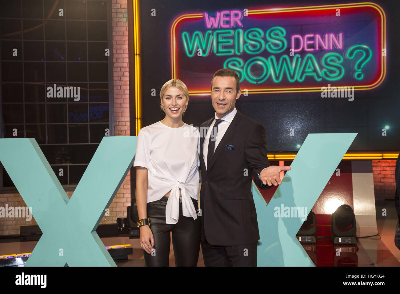 Celebrities attending the 'Wer weiss denn sowas? XXL' how at Studio Hamburg  Featuring: Lena Gercke, Kai Pflaume Where: Hamburg, Germany When: 13 Dec 2016 Stock Photo
