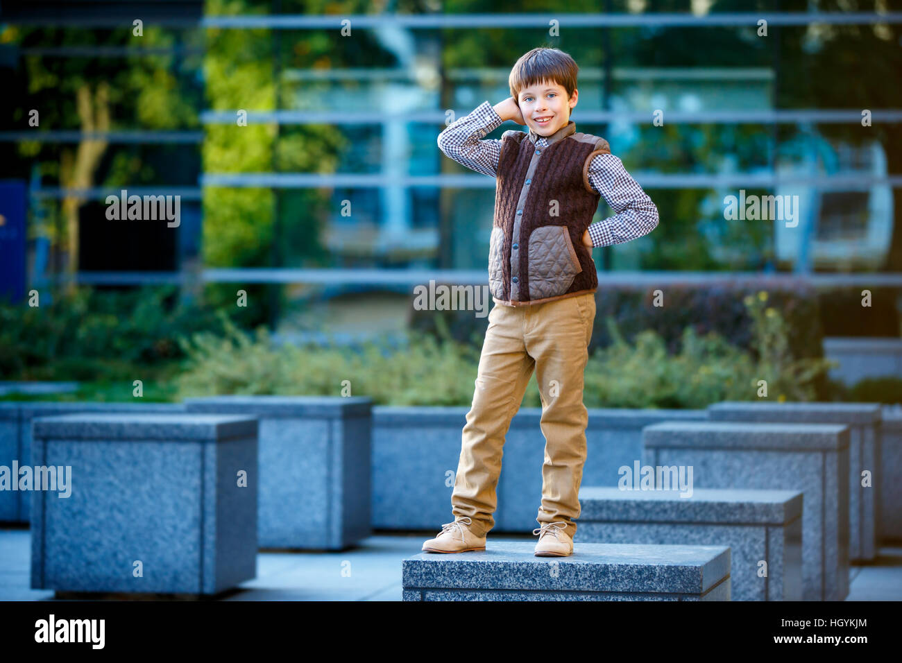 Stylish little boy in fashionable clothes Stock Photo