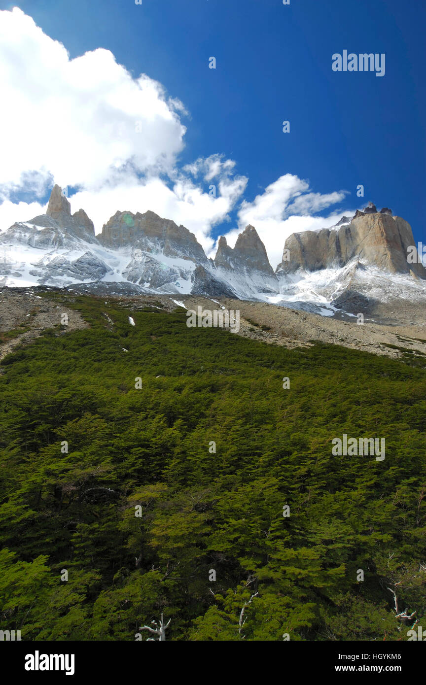 Cuernos del Paine in the clouds seen from Valle del Frances, Torres del Paine National Park, Patagonia, Chile (Torres del Peine) Stock Photo