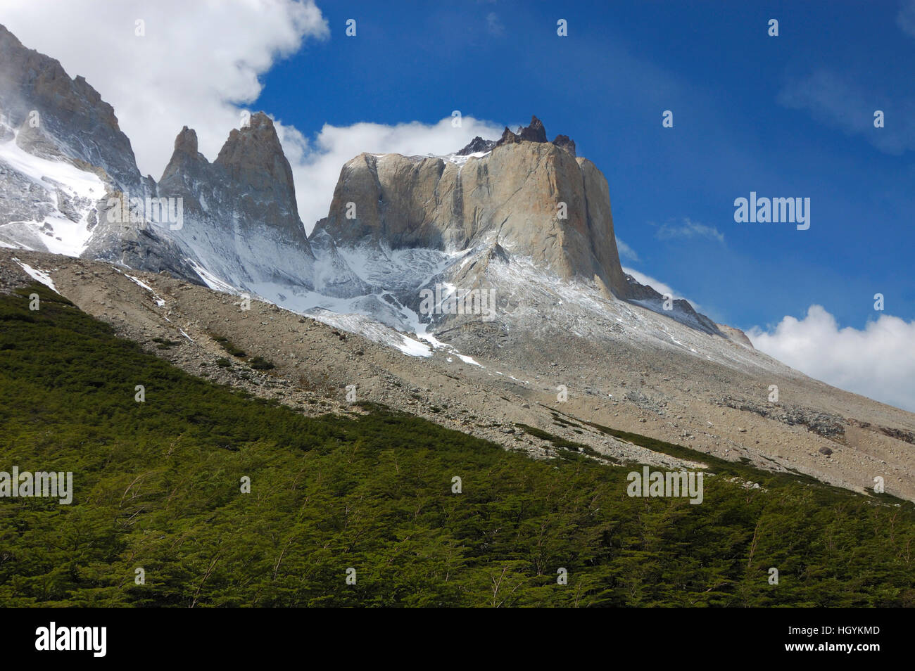 Cuernos del Paine in the clouds seen from Valle del Frances, Torres del Paine National Park, Patagonia, Chile (Torres del Peine) Stock Photo
