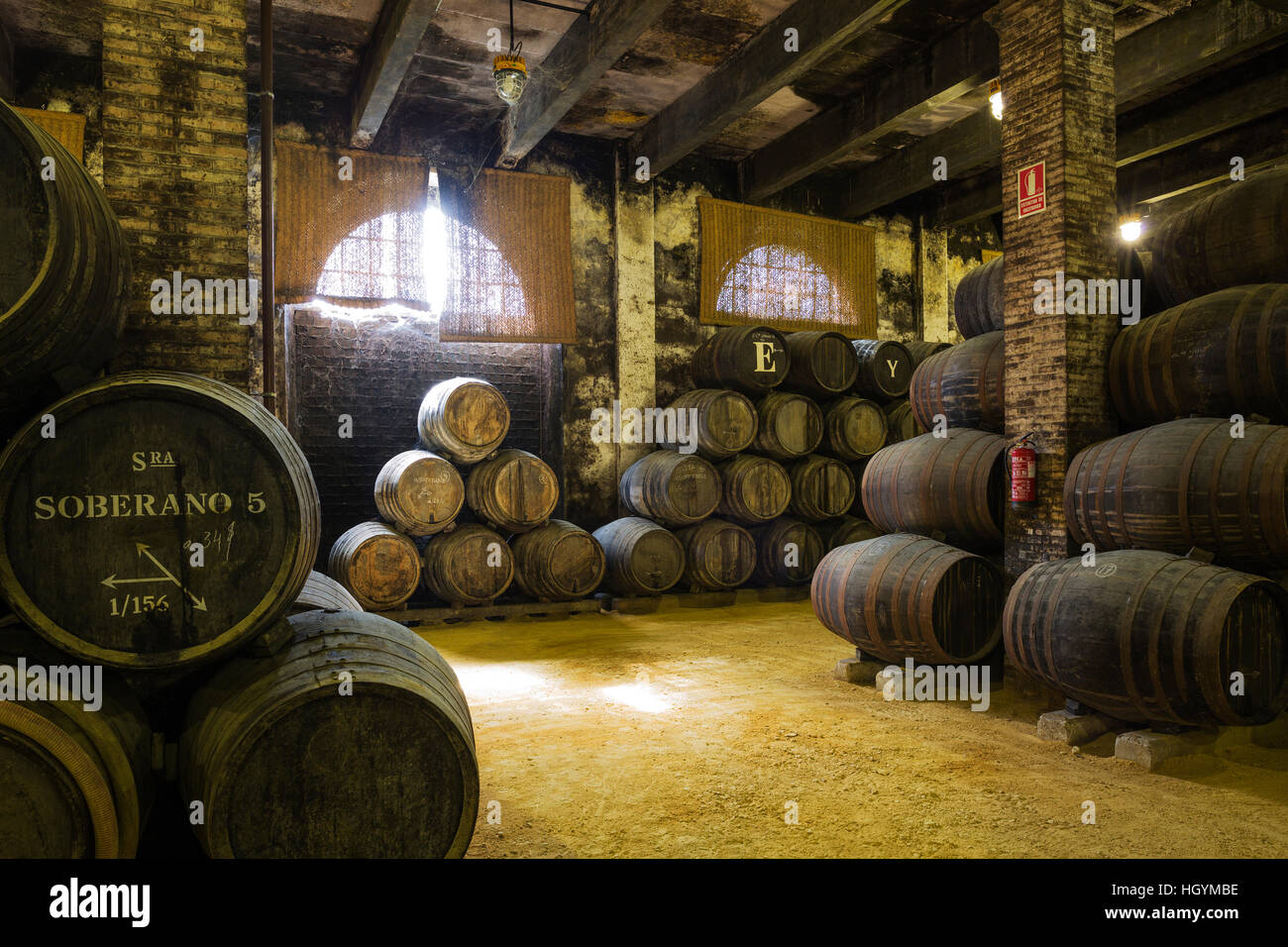 Stacked oak barrels in wine cellar, winery Bodega Gonzalez Byass, Jerez