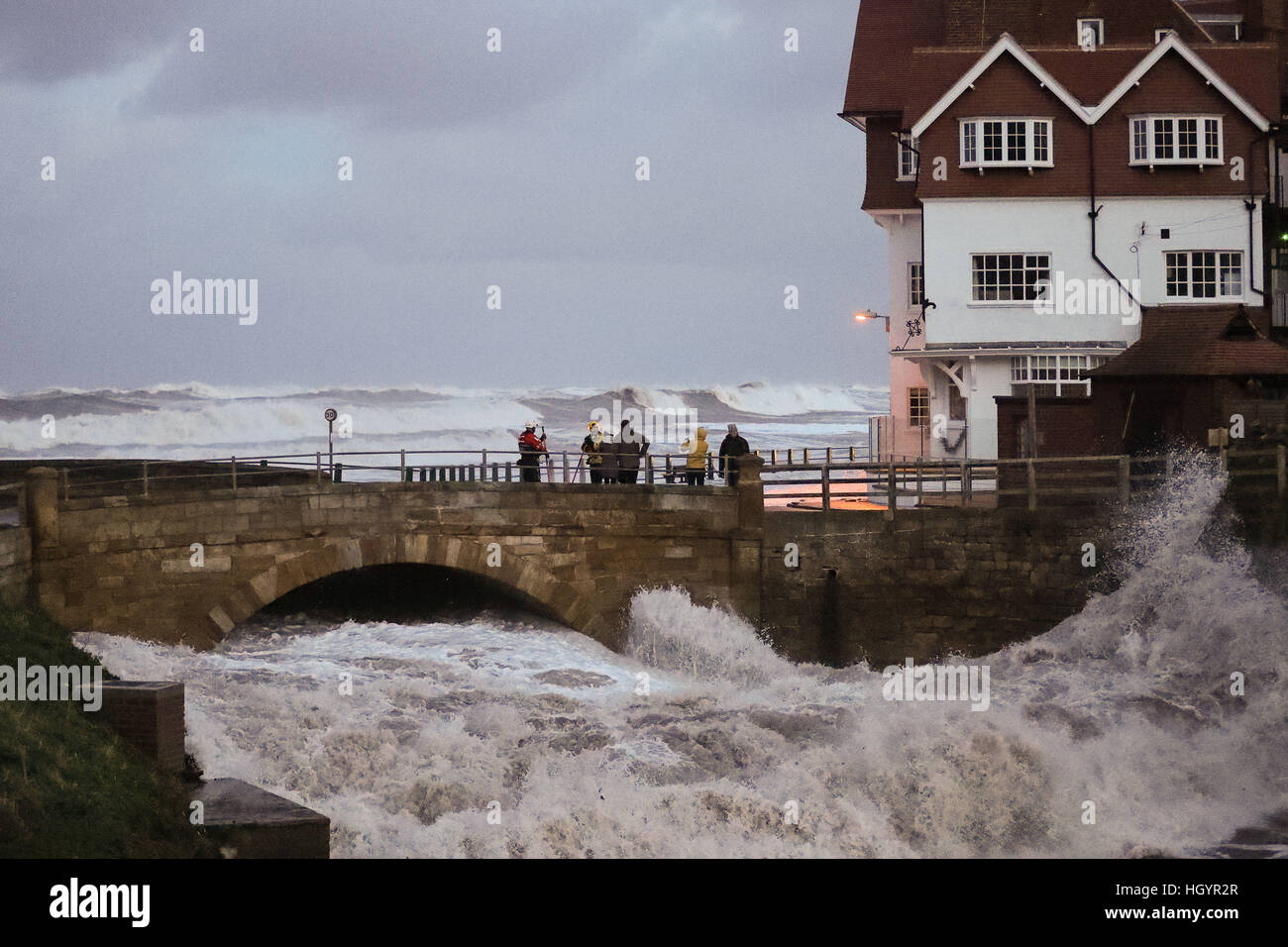 Sandsend, UK. 13th January 2017. Storm Surge sea at Sandsend near Whitby Credit: keith foster/Alamy Live News Stock Photo