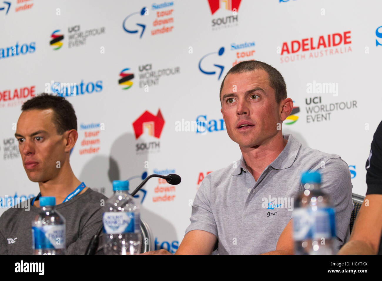 Adelaide, Australia. 7th Jan, 2017. Media Conference with (R-L) Simon Gerrans (ORICA-SCOTT), Richie Porte (BMC Racing Team), Tour Down Under, Australia.  © Gary Francis/ZUMA Wire/Alamy Live News Stock Photo