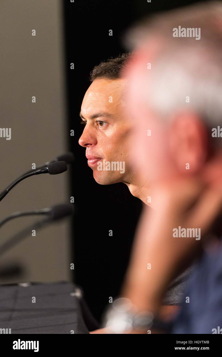 Adelaide, Australia. 14th Jan, 2017. Media Conference with (L-R) Richie Porte (BMC Racing Team), Santos Tour Down Under Race Director, Mike Turtur, Tour Down Under, Australia.  © Gary Francis/ZUMA Wire/Alamy Live News Stock Photo